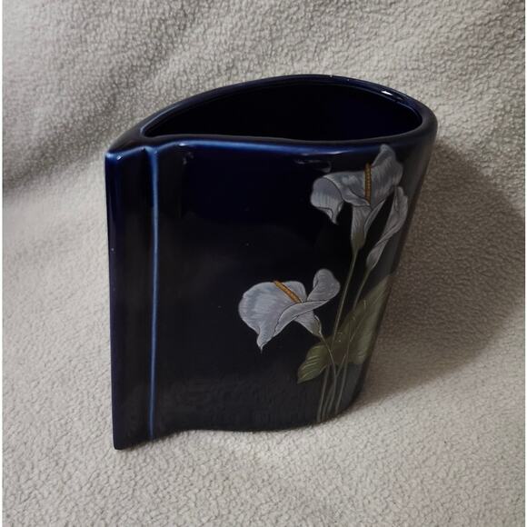 Vintage Tear Drop Dark Blue Porcelain Vase Calla Lily Flower Chinese - Picture 4 of 10